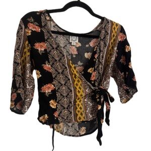 Blue Rain Floral Wrap Blouse - Black and Yellow